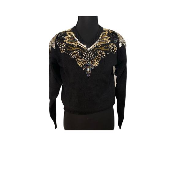 NWT Vintage Regency Collection Black Sequin Beaded Sweater (SM) 80s Glam Holiday - Picture 2 of 9